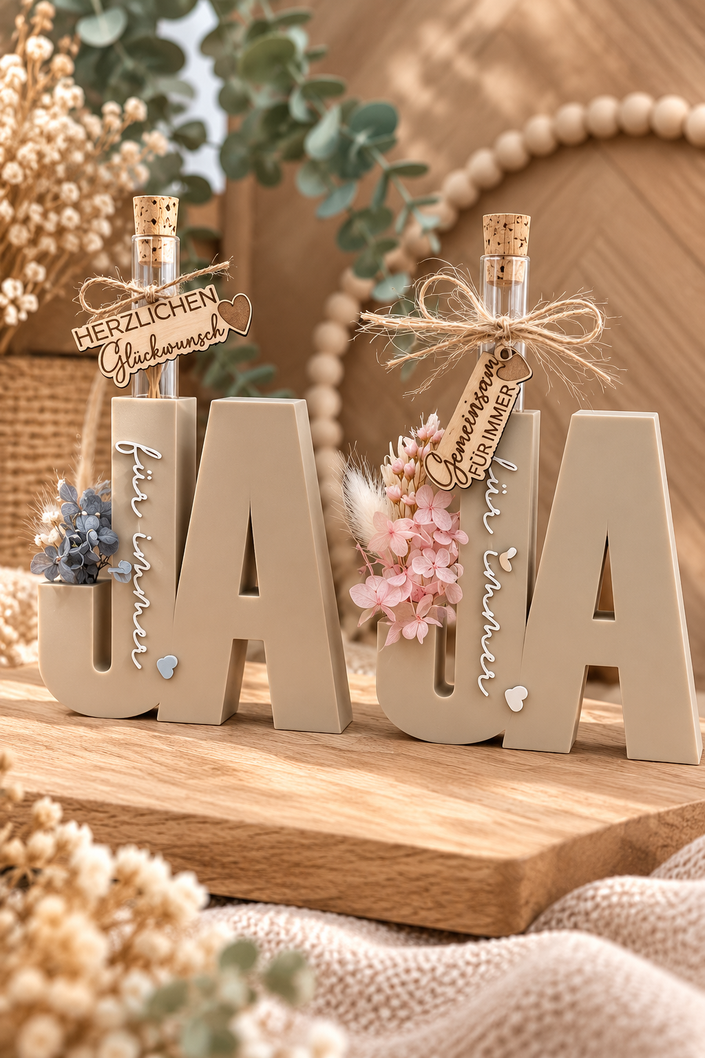 „JA“-Aufsteller zur Hochzeit mit Trockenblumen – personalisierbar