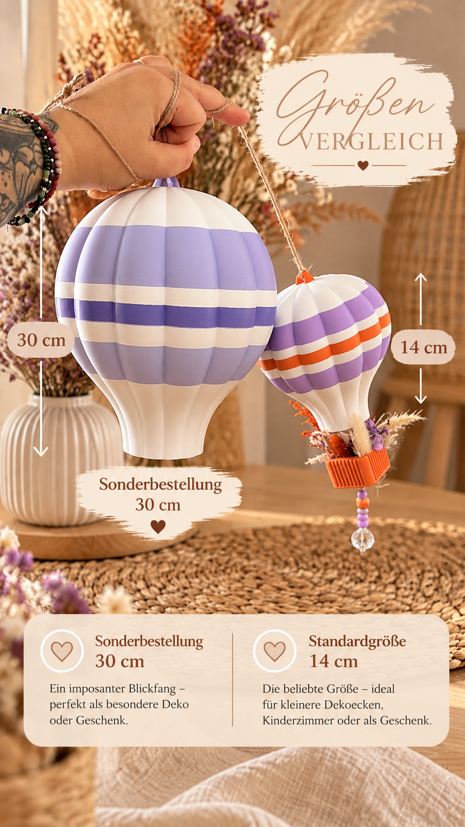 Boho Heißluftballon mit Trockenblumen – 3D-Druck in 3 Größen