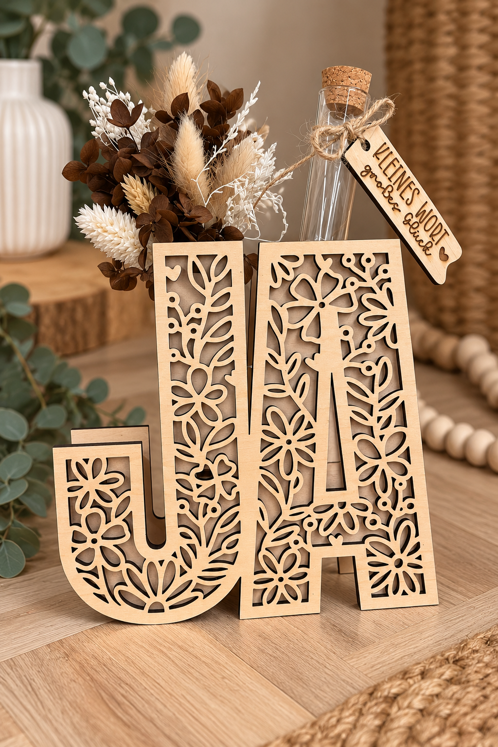 Geldgeschenk zur Hochzeit „JA“ aus Holz mit Trockenblumen