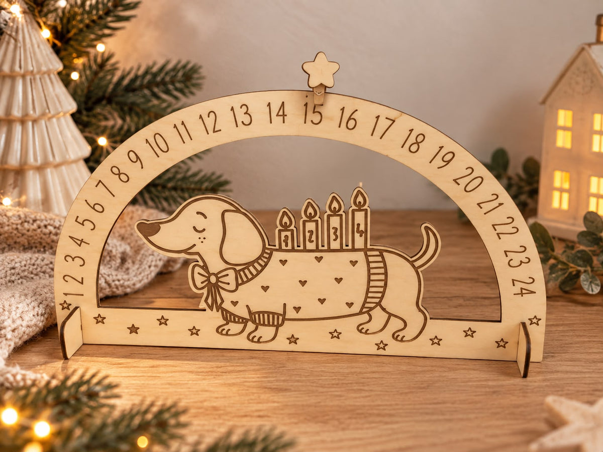 Dackel Adventskalender aus Holz – Weihnachtscountdown 1–24