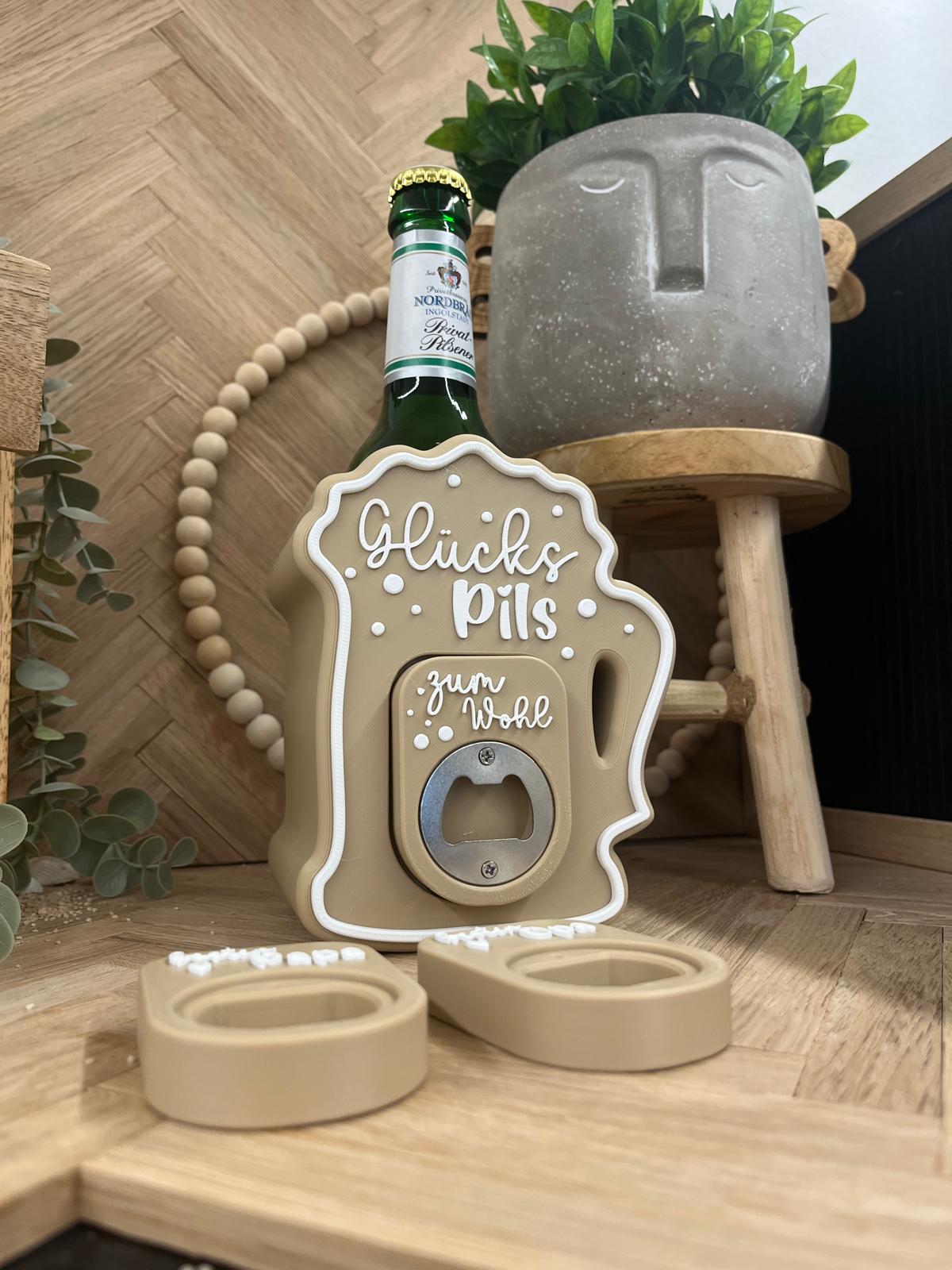 Glückspils – Flaschenhalter mit Flaschenöffner