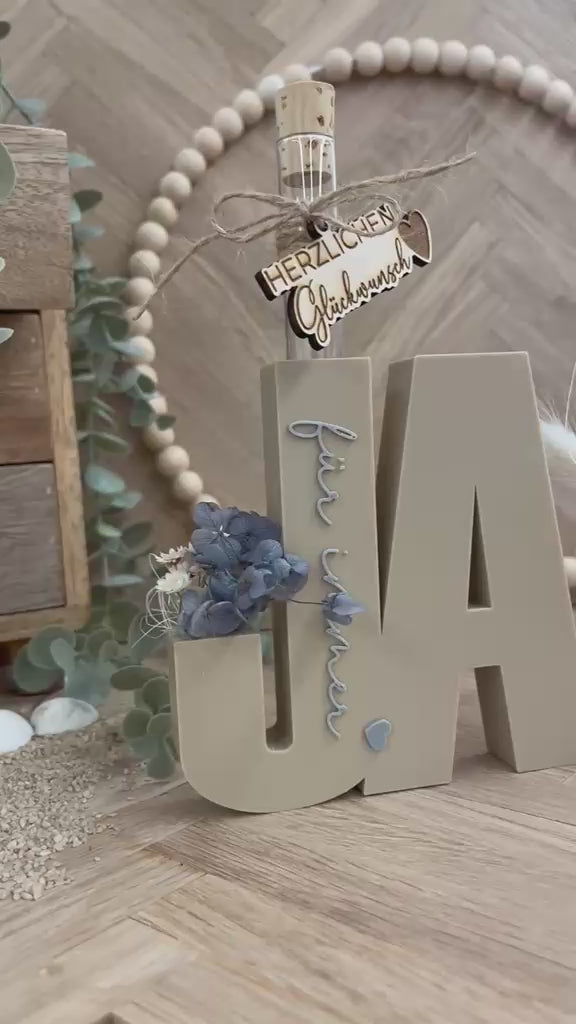 „JA“-Aufsteller zur Hochzeit mit Trockenblumen – personalisierbar